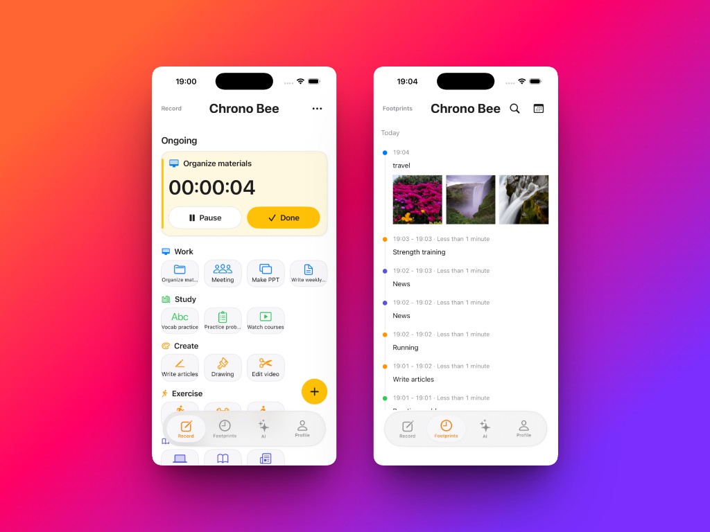 Chrono Bee記錄頁與足跡頁：計時進行中，今日活動按時間線展開