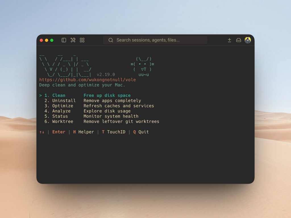 Vole CLI 互動選單：Clean、Uninstall、Optimize