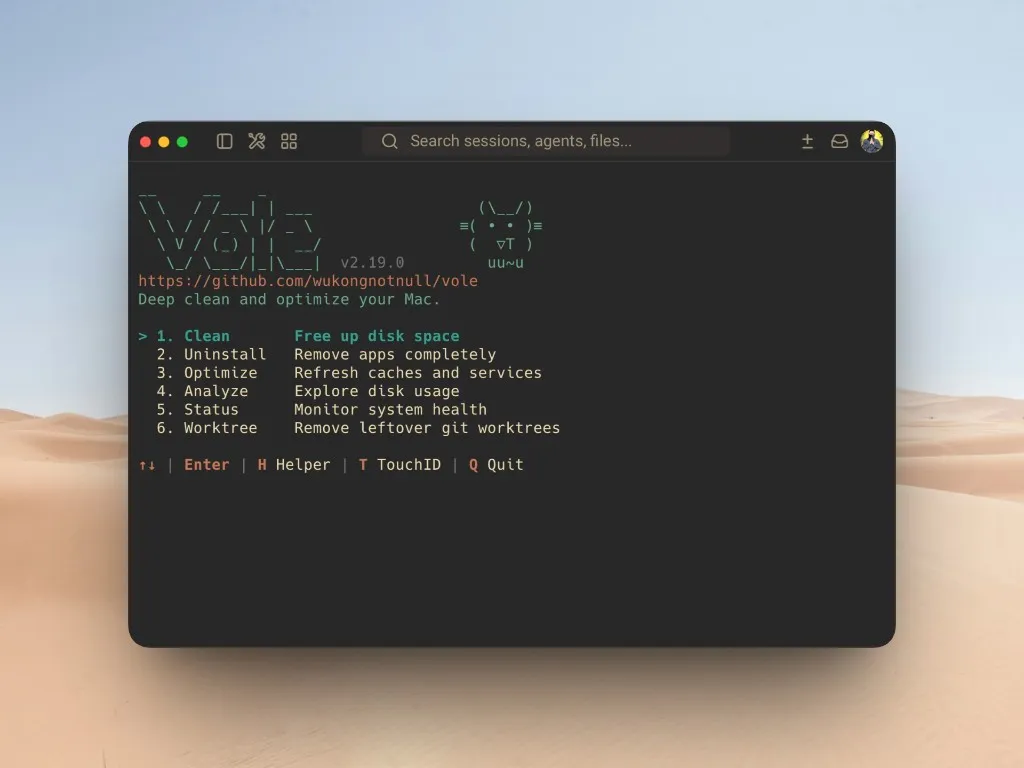 Vole CLI menu: Clean, Uninstall, Optimize